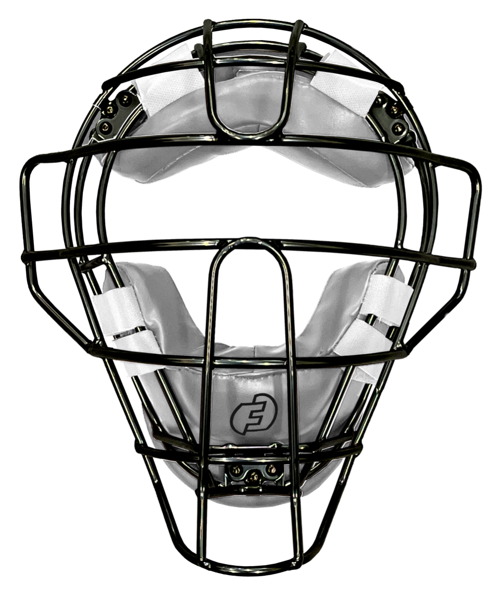 Force 3 Defender Umpire Mask  BLK  Cage/TAN Brown Leather Pads- Black Cage Gray Pads-Black Cage Metalic Silver Pads