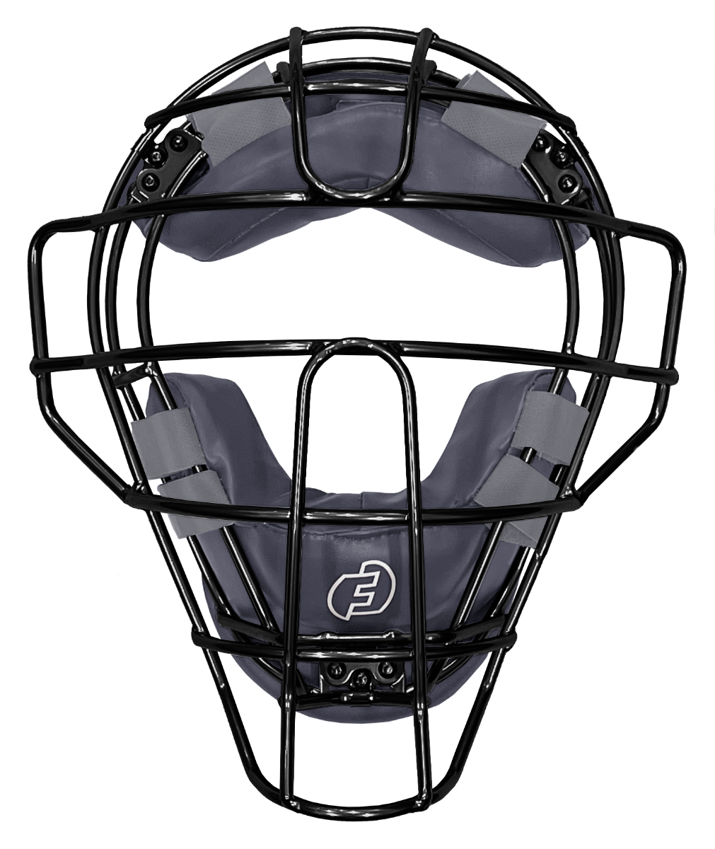 Force 3 Defender Umpire Mask  BLK  Cage/TAN Brown Leather Pads- Black Cage Gray Pads-Black Cage Metalic Silver Pads